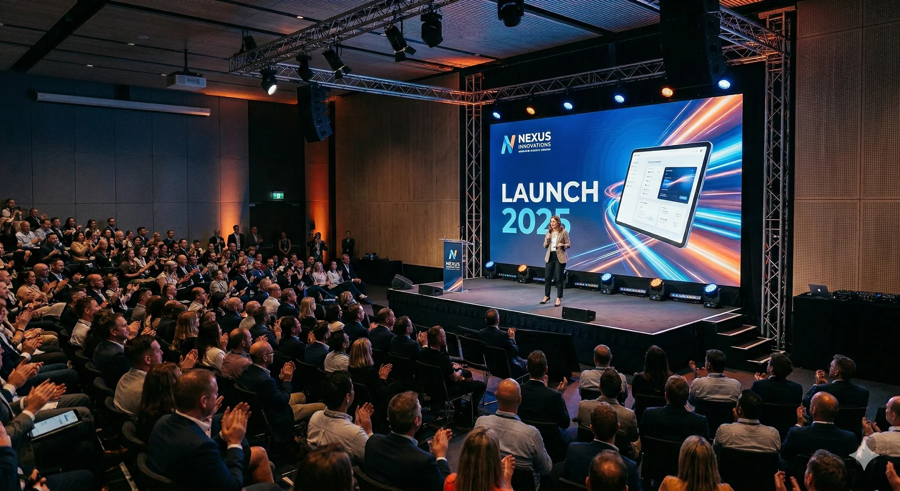 Corporate product launch with a large presentation screen